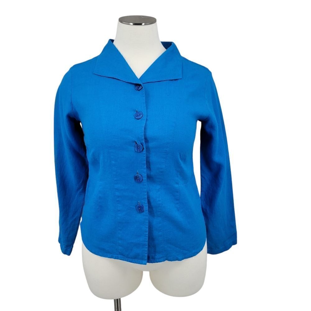 FLAX Blue Linen Button Up Top or Lightweight Jacket Women's Size Large